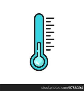 Thermometer in fridge low temperature outline sign, cold weather. Vector frozen weather outside, frigid frosty air, hoarfrost, coldness. Cold, chilly weather forecast, climate and meteorology symbol. Fridge thermometer and temperature low down sign