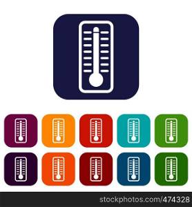 Thermometer indicates extremely high temperature icons set vector illustration in flat style In colors red, blue, green and other. Thermometer indicates high temperature icons set