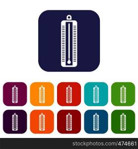 Thermometer indicates low temperature icons set vector illustration in flat style In colors red, blue, green and other. Thermometer indicates low temperature icons set