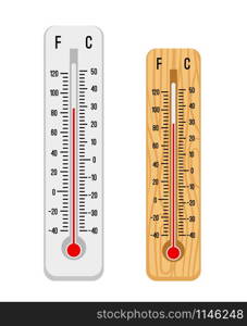 Thermometer set vector illustration. White and wooden thermometers or temperature meters isolated on white background. Thermometer set vector illustration.