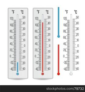 Thermometer Vector. Outdoor, Indoor Alcohol Thermometers Set. Isolated Illustration. Indoor Home Office Thermometer Vector. Hot And Cold Temperature. Isolated Illustration
