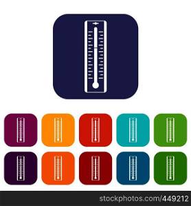 Thermometer with degrees icons set vector illustration in flat style In colors red, blue, green and other. Thermometer with degrees icons set flat