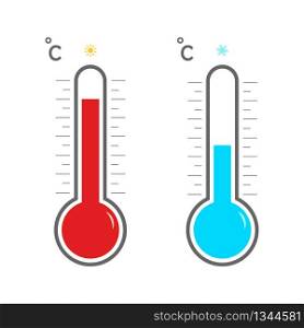 Thermometer with scale measuring heat and cold, with sun and snowflake icons. Meteorological thermometers on a white background. Blue and red thermometers. Summer and winter. Thermostat icon. Vector. Thermometer with scale measuring heat and cold, with sun and snowflake icons. Meteorological thermometers on a white background. Blue and red thermometers. Summer and winter. Thermostat icon. Vector.