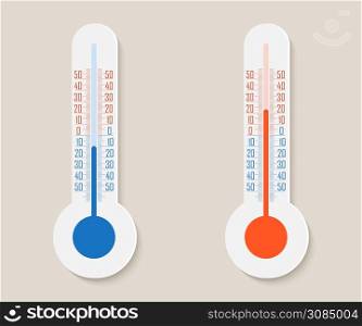 Thermometers measuring Celsius and fahrenheit. Thermometer equipment showing hot or cold weather. Vector illustration
