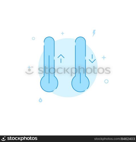 Thermometers warming, cooling weather forecast vector icon. Flat illustration. Filled line style. Blue monochrome design.. Thermometers weather forecast flat vector icon. Filled line style. Blue monochrome design.