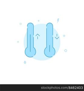 Thermometers warming, cooling weather forecast vector icon. Flat illustration. Filled line style. Blue monochrome design.. Thermometers weather forecast flat vector icon. Filled line style. Blue monochrome design.