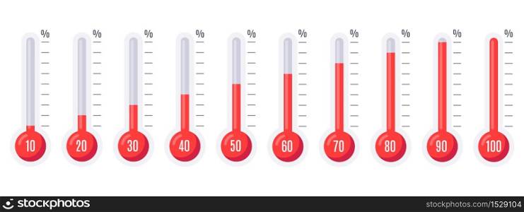 Thermometers with different temperatures. Weather scale icon set with various level percentage. Temperature symbol isolated on white background, fluid indicator vector illustration. Thermometers with different temperatures. Weather scale icon set with various level percentage indicator.
