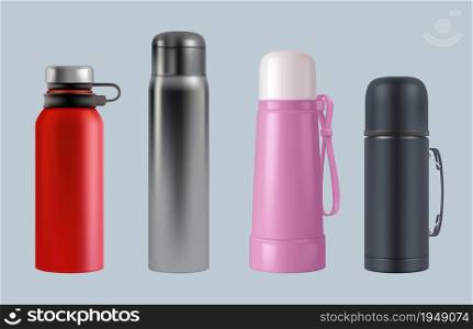 Thermos realistic. Steel vacuum flask coffee mug round containers for water and liquids vector templates. Thermos vacuum realistic, template thermo container illustration. Thermos realistic. Steel vacuum flask coffee mug round containers for water and liquids vector templates