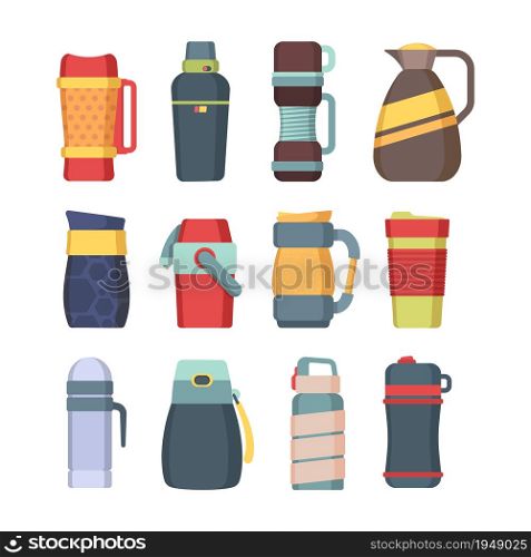 Thermos. Steel mug with handle for coffee kitchen utensil vacuum flask for liquids round bottles colored vector set. Thermo vacuum-bottle, vacuum-flask stainless illustration. Thermos. Steel mug with handle for coffee kitchen utensil vacuum flask for liquids round bottles colored vector set