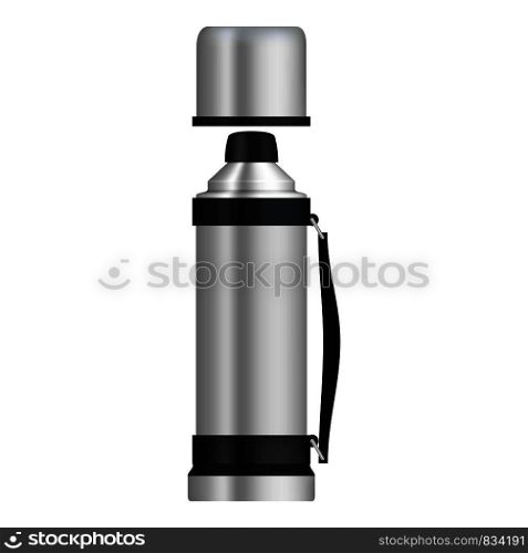 Thermos with flask mockup. Realistic illustration of thermos with flask vector mockup for web design isolated on white background. Thermos with flask mockup, realistic style
