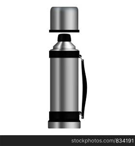 Thermos with flask mockup. Realistic illustration of thermos with flask vector mockup for web design isolated on white background. Thermos with flask mockup, realistic style