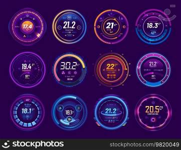 Thermostat icons. Smart thermometer and temperature control dial. House climate control screen, HVAC display, home conditioner thermostat vector dials set with temperature and humidity neon indicators. Thermostat icons, smart thermometer control dial