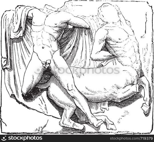 Theseus and the Minotaur, Metope of the Parthenon, vintage engraved illustration. Industrial encyclopedia E.-O. Lami - 1875.