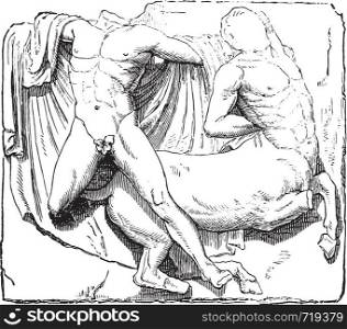 Theseus and the Minotaur, Metope of the Parthenon, vintage engraved illustration. Industrial encyclopedia E.-O. Lami - 1875.