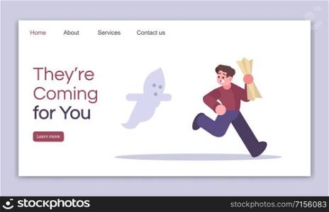 They coming for you landing page vector template. Thematic logic game website interface idea with flat illustrations. Horror quest room homepage layout. Mystery web banner, webpage cartoon concept