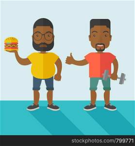 Thick african-american man with beard standing with hamburger while slim african-american man standing with dumbbell vector flat design illustration. Lifestyle concept. Square layout.. Men standing with hamburger and dumbbell.