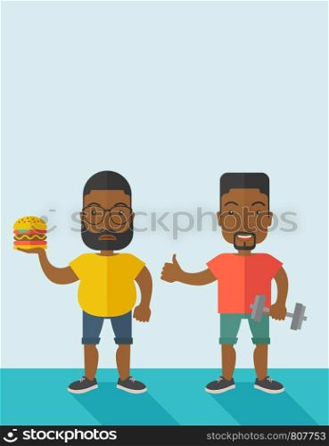 Thick african-american man with beard standing with hamburger while slim african-american man standing with dumbbell vector flat design illustration. Lifestyle concept. Vertical layout with a text space.. Men standing with hamburger and dumbbell.