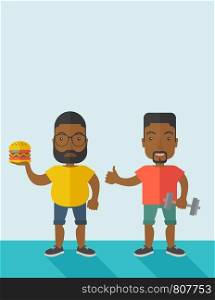 Thick african-american man with beard standing with hamburger while slim african-american man standing with dumbbell vector flat design illustration. Lifestyle concept. Vertical layout with a text space.. Men standing with hamburger and dumbbell.