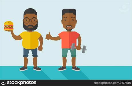 Thick african-american man with beard standing with hamburger while slim african-american man standing with dumbbell vector flat design illustration. Lifestyle concept. Horizontal layout with a text space.. Men standing with hamburger and dumbbell.
