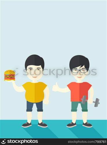 Thick asian man standing with hamburger while slim asian man standing with dumbbell vector flat design illustration. Lifestyle concept. Vertical layout with a text space.. Men standing with hamburger and dumbbell.