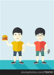 Thick asian man standing with hamburger while slim asian man standing with dumbbell vector flat design illustration. Lifestyle concept. Vertical layout with a text space.. Men standing with hamburger and dumbbell.
