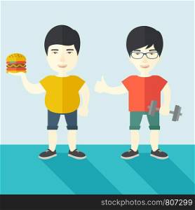 Thick asian man standing with hamburger while slim asian man standing with dumbbell vector flat design illustration. Lifestyle concept. Square layout.. Men standing with hamburger and dumbbell.