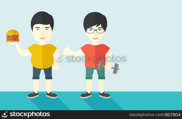 Thick asian man standing with hamburger while slim asian man standing with dumbbell vector flat design illustration. Lifestyle concept. Horizontal layout with a text space.. Men standing with hamburger and dumbbell.