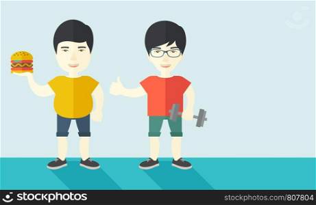 Thick asian man standing with hamburger while slim asian man standing with dumbbell vector flat design illustration. Lifestyle concept. Horizontal layout with a text space.. Men standing with hamburger and dumbbell.