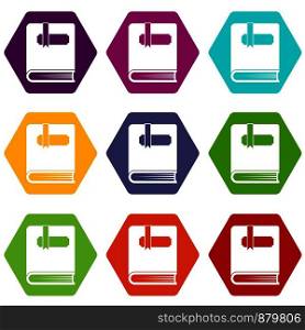 Thick book with bookmark icon set many color hexahedron isolated on white vector illustration. Thick book with bookmark icon set color hexahedron