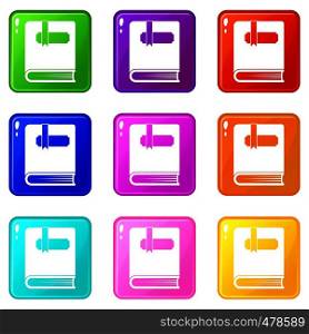 Thick book with bookmark icons of 9 color set isolated vector illustration. Thick book with bookmark set 9