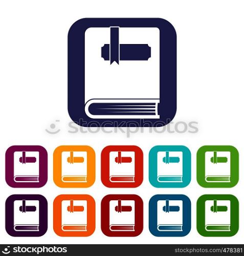 Thick book with bookmark icons set vector illustration in flat style in colors red, blue, green, and other. Thick book with bookmark icons set