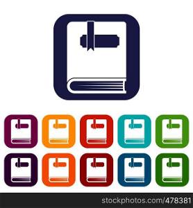 Thick book with bookmark icons set vector illustration in flat style in colors red, blue, green, and other. Thick book with bookmark icons set