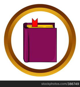Thick book with bookmark vector icon in golden circle, cartoon style isolated on white background. Thick book with bookmark vector icon