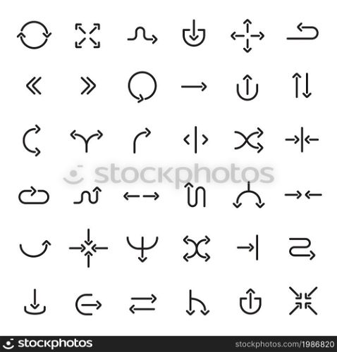 Thick line navigation curvy arrows set. Linear curve vector pointers isolated on white. Thick line navigation arrows set