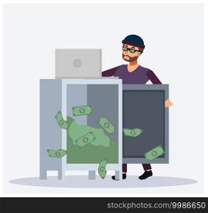 Thief Hacker is hacking data in laptop to steal money like steal money in safe locker, Flat Vector cartoon character, hacker attack concept