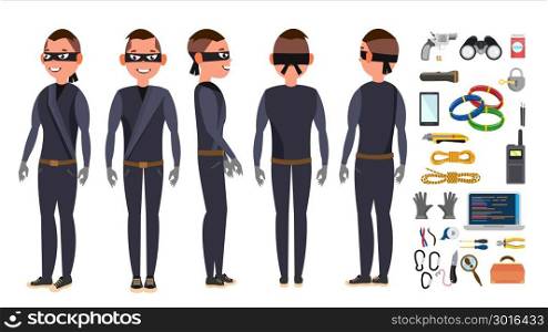 Thief, Hacker Set Vector. Stealing Credit Card Information, Personal Data, Money. Fishing Attack. Crack PIN Code. Isolated Flat Cartoon Character Illustration. Thief, Hacker Man Set Vector. Stealing Credit Card Information, Personal Data, Money. Fishing Attack. Isolated Flat Cartoon Character Illustration