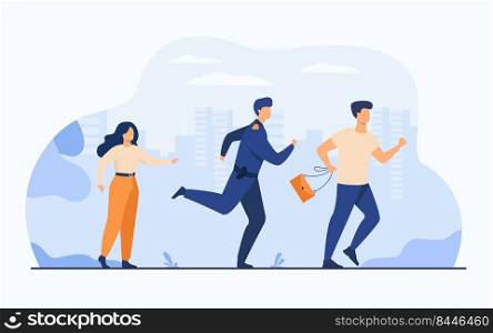 Thief holding stolen bag and running from male cop. Policeman catching criminal for arrest. Vector illustration for police officer job, violation of law, theft concept