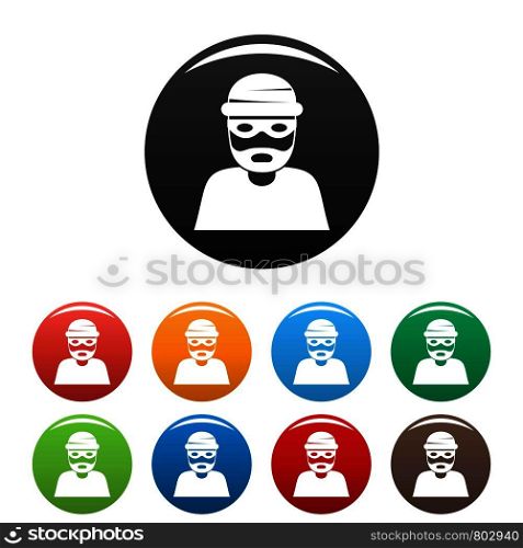 Thief icons set 9 color vector isolated on white for any design. Thief icons set color