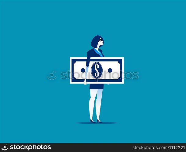 Thief in a black mask stole money. Concept business vector illustration.