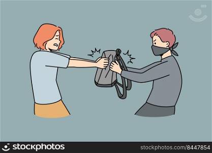 Thief in mask stealing bag from woman on street. Man criminal robbing female outside. Crime and robbery concept. Vector illustration.. Thief in mask robbing woman