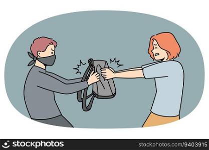 Thief in mask stealing bag from woman on street. Man criminal robbing female outside. Crime and robbery concept. Vector illustration.. Thief in mask robbing woman