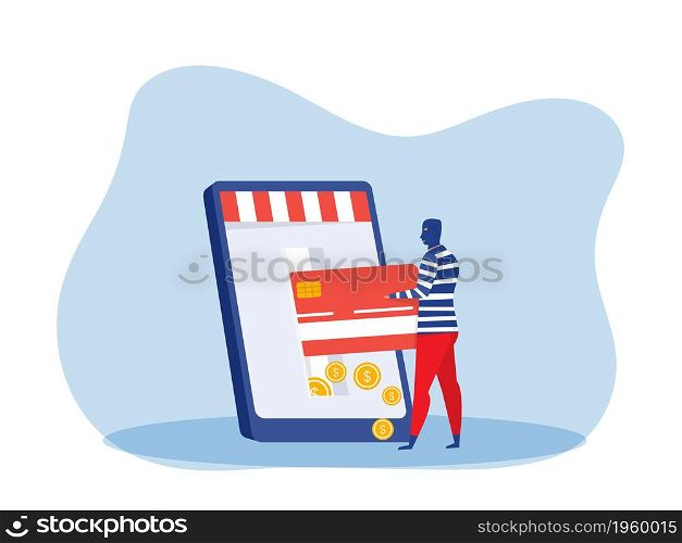 Thief Man Stealing money From Credit Card on laptop phone. Financial Criminal, Illegal Occupation vector Illustration