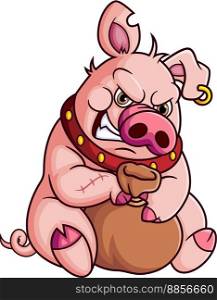 thief pig sitting with sack of money of illustration