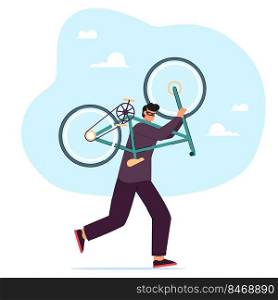 Thief running, man carrying stolen bicycle. Male criminal in mask and hoodie stealing bike from parking with lock flat vector illustration. Theft, surveillance in park, crime and robbery concept. Thief running, man carrying stolen bicycle