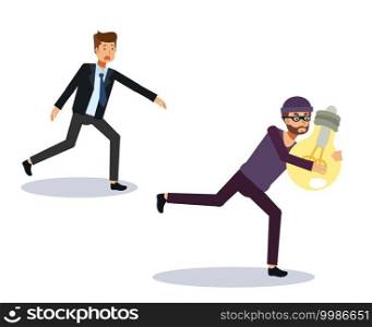 Thief stealing Idea from businessman. Flat Vector cartoon character, business concept