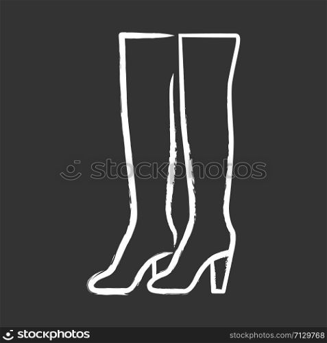 Thigh high boots chalk icon. Woman stylish formal footwear design. Female casual stacked heels, luxury modern shoes. Fashionable and chic clothing accessory. Isolated vector chalkboard illustration