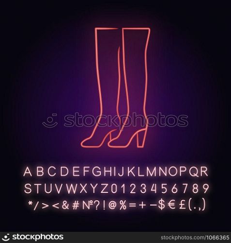 Thigh high boots neon light icon. Woman stylish formal footwear design. Female casual stacked heels, luxury modern shoes. Glowing sign with alphabet, numbers and symbols. Vector isolated illustration
