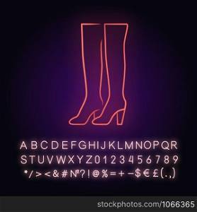 Thigh high boots neon light icon. Woman stylish formal footwear design. Female casual stacked heels, luxury modern shoes. Glowing sign with alphabet, numbers and symbols. Vector isolated illustration