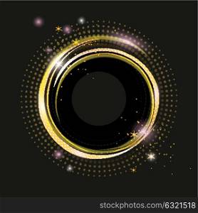 Thin golden frame with gold dust and lights effects. Shining rectangle banner isolated on black background. Vector illustration.