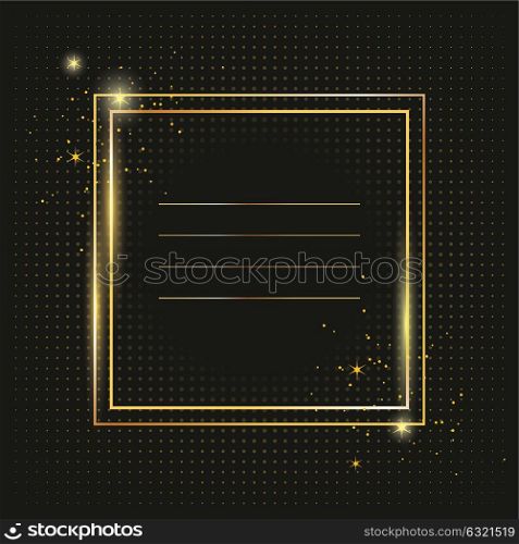 Thin golden frame with gold dust and lights effects. Shining rectangle banner isolated on black background. Vector illustration.